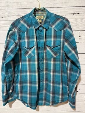 Thread & Supply Teal, White and Navy Plaid Western Snap Shirt
